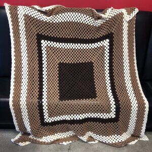 Afghan Blanket Hand Knit Brown White Large Full Size 62" x 62" Vintage MCM HUGE